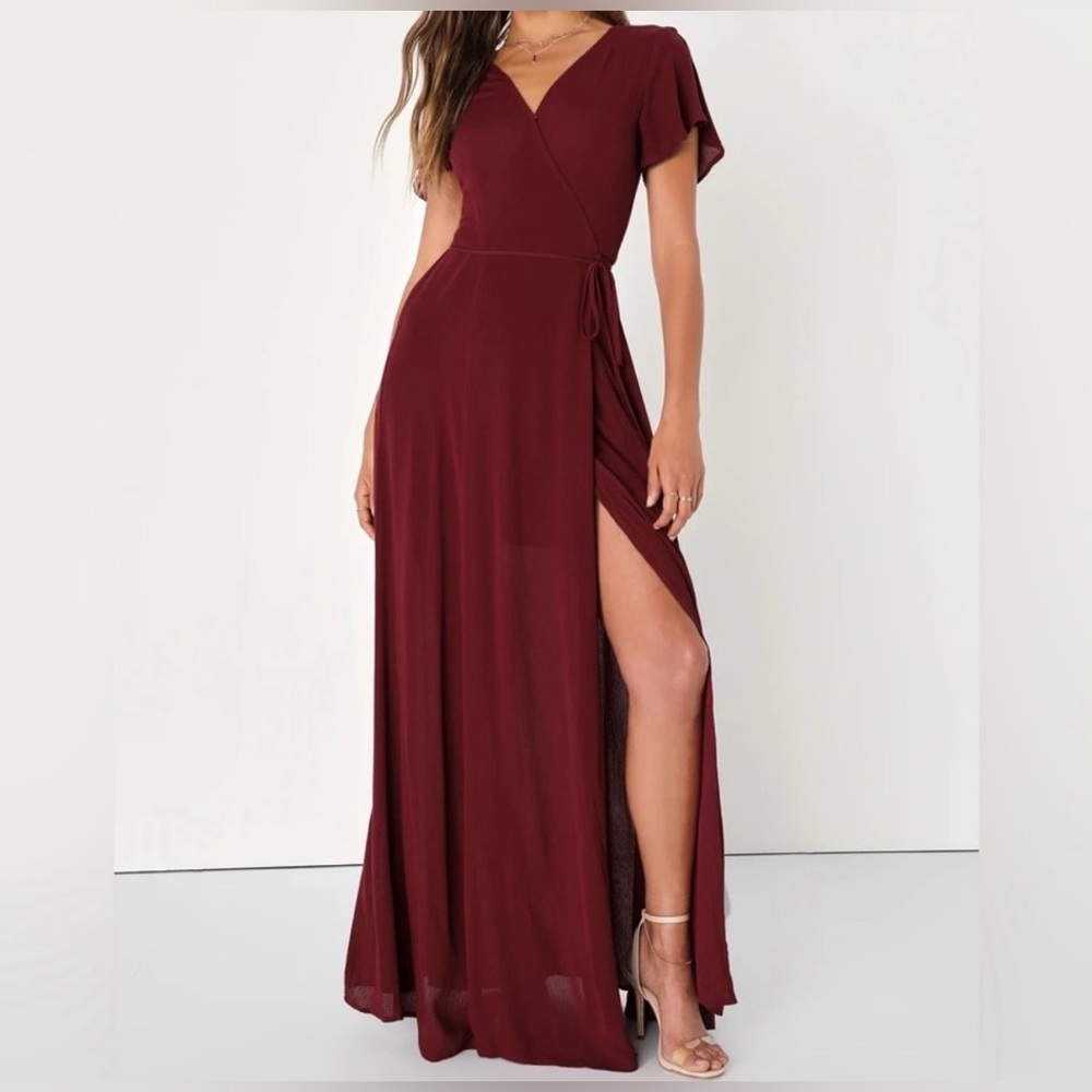 NWT Lulu's Heart of Marigold Burgundy Wrap Maxi Dress with fluttery sleeves. Xs.